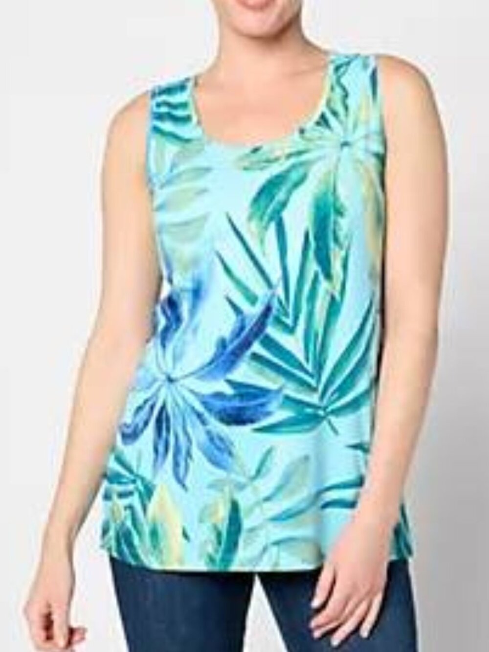 Denim & Co. Blue Palm Printed Jersey Knit Tank Top- Scoop Neck-Size 5X NWT